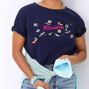 Anthropologie Maeve Riviera Beach Florida Embroidered Sweatshirt Tee Navy M
